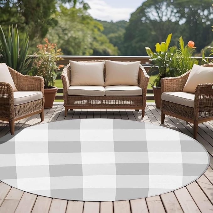Washable Round Area Rug Light Grey White Plaid Circle Rugs Floor Carpet for Living Room Bedroom, Farmhouse Decoration Buffalo Check Soft Non Slip Round Rug 5ft