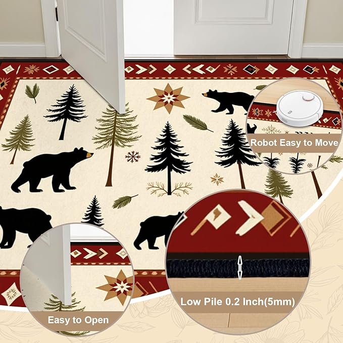 8x10 Area Rugs for Bedroom Boho Washable Man Cave Rug for Living Room Rustic Bear Pine Tree Forest Winter Elements Soft Rubber Backed Non-Slip Large Carpets for Boys