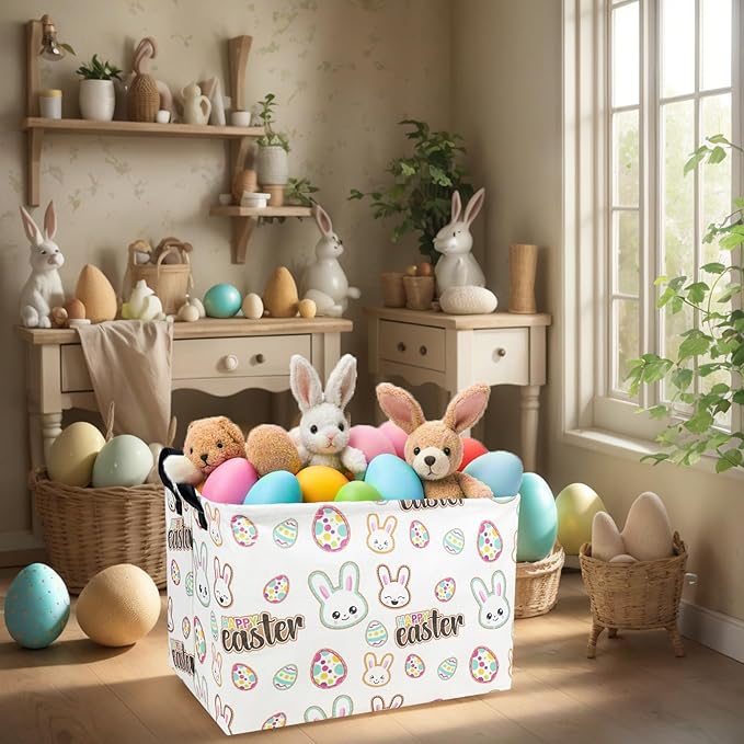 Kid Large Empty Easter Basket Personalized Fabric Bunny Easter Basket for Boy and Girl (Happy Rabbit Easter Egg)