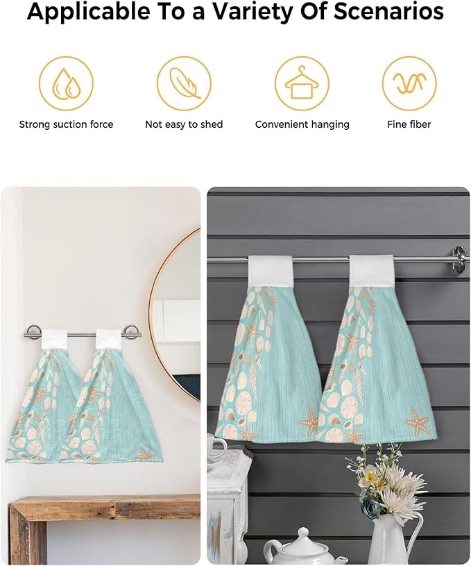 Alandar Home Kitchen Tie Towel Set of 1, Summer Starfish Shell Absorbent Soft Hand Towels for Bathroom Hanging Towels, Abstract Striped on Green Background Fast Drying Cleaning Cloth with Loop