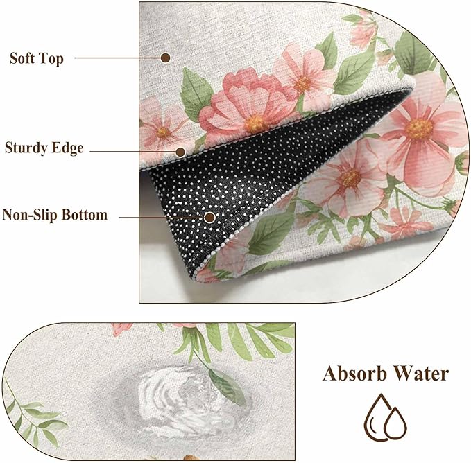 Area Rug 2x3ft, Retro Easter Rabbit on Linen Washable Rugs for Living Room Bedroom, Spring Pastoral Pink Flower Leaf Soft Non-Slip Area Rugs Rectangle Floor Carpet for Dining Room