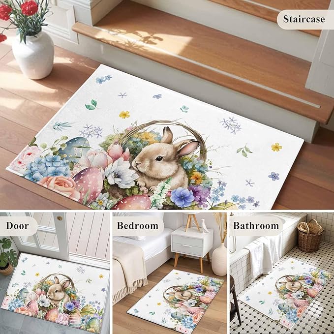 Area Rug 2x3ft, Easter Egg Spring Flower Cute Rabbit Washable Rugs for Living Room Bedroom, Blossom Floral on White Soft Non-Slip Area Rugs Rectangle Floor Carpet for Dining Room