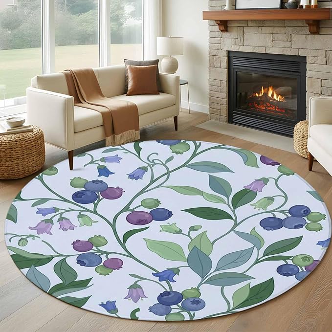 Washable Round Area Rug Blueberries Bell Flowers Circle Rugs Floor Carpet for Living Room Bedroom, Modern Watercolor Plants Soft Non Slip Round Rug 5ft