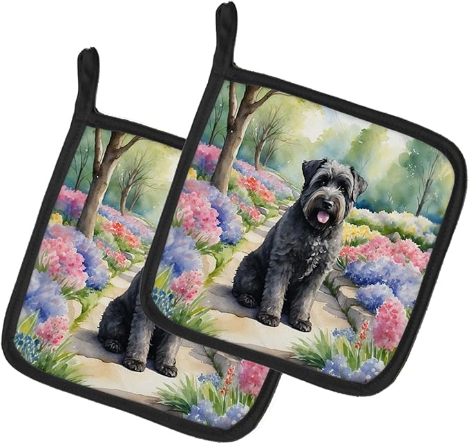 Caroline's Treasures Bouvier des Flandres Spring Path Pair of Pot Holders Kitchen Heat Resistant Pot Holders Sets Oven Hot Pads for Cooking Baking BBQ, 7 1/2 x 7 1/2