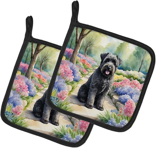 Caroline's Treasures Bouvier des Flandres Spring Path Pair of Pot Holders Kitchen Heat Resistant Pot Holders Sets Oven Hot Pads for Cooking Baking BBQ, 7 1/2 x 7 1/2