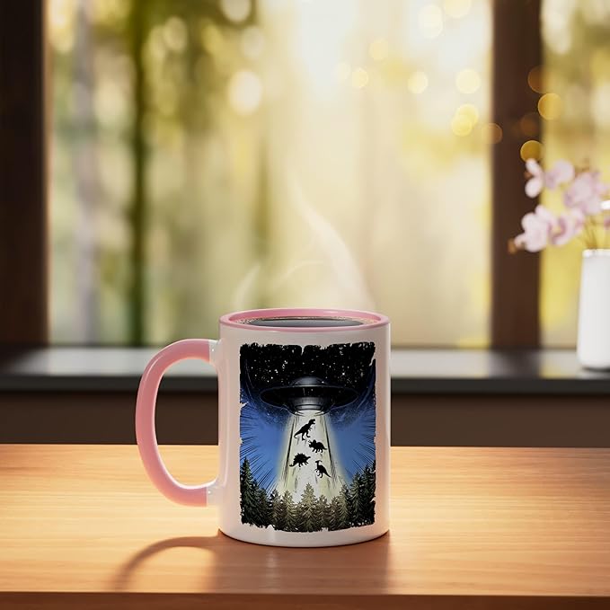 UFO Dinosaur Alien Abduction Flying Saucer Conspiracy Ceramic Mug, Pink/White