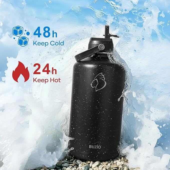 BUZIO 1 Gallon Water Jug with Straw Lid, 128oz Water Bottle Stainless Steel Triple Wall Hydro Jug 18/8 Food Grade Thermo Mug Keep Cold 48H & Hot 24H, Starry Day & Night