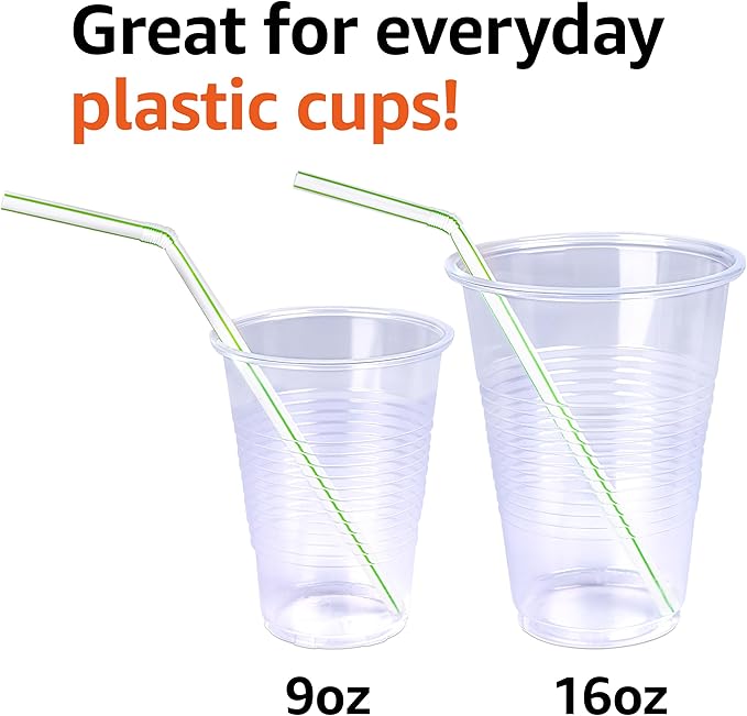Amazon Basics Disposable Striped Plastic Flex Straws, 7.5" Long, Assorted Colors, 100 Count, Large Pack (Pack of 6)