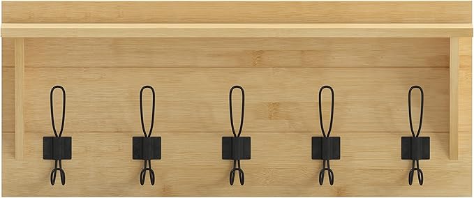 Flash Furniture Daly Wall Mounted Storage Rack - Bamboo Solid Pine Wood - 24 Inch - Upper Shelf and 5 Hooks - For Entryway, Kitchen, Bathroom