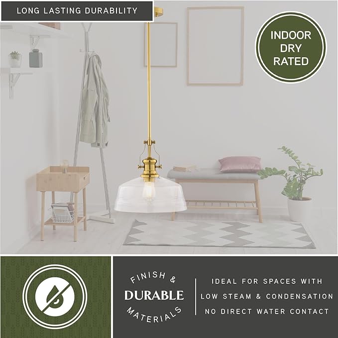 VAXCEL Beloit 1-Light Brushed Gold Farmhouse Pendant Light, Clear Seeded Glass Shade, Adjustable Height, Kitchen Islands, Dining Rooms, or Living Spaces, LED Compatible, Dimmable, Sloped Ceiling