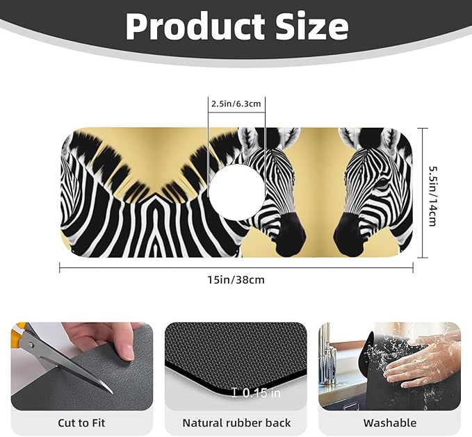 Black and White Zebra Printed Faucet Absorbent mat, Suitable for bathrooms, Kitchens, and Other Sink Areas.