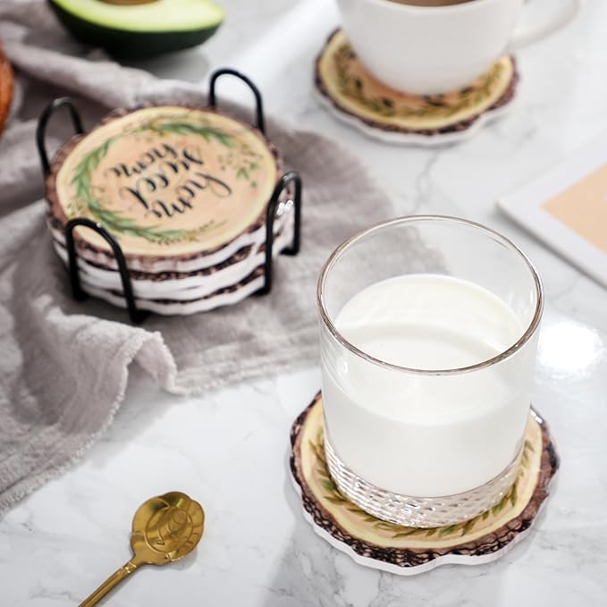 Ceramic Coasters Set of 6,Absorbent Coasters with Holder,Drink Coasters for Home Bar Kitchen Outdoor 4.32 Inches