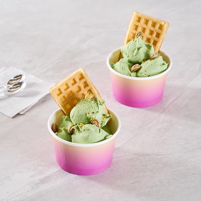 Restaurantware Paper Cups 200 Count 8 Ounce Square Disposable Ice Cream Containers, Leak-Resistant Paper Dessert To Go Cups, Hot And Cold Food, Durable Purple and Yellow Ombre Design
