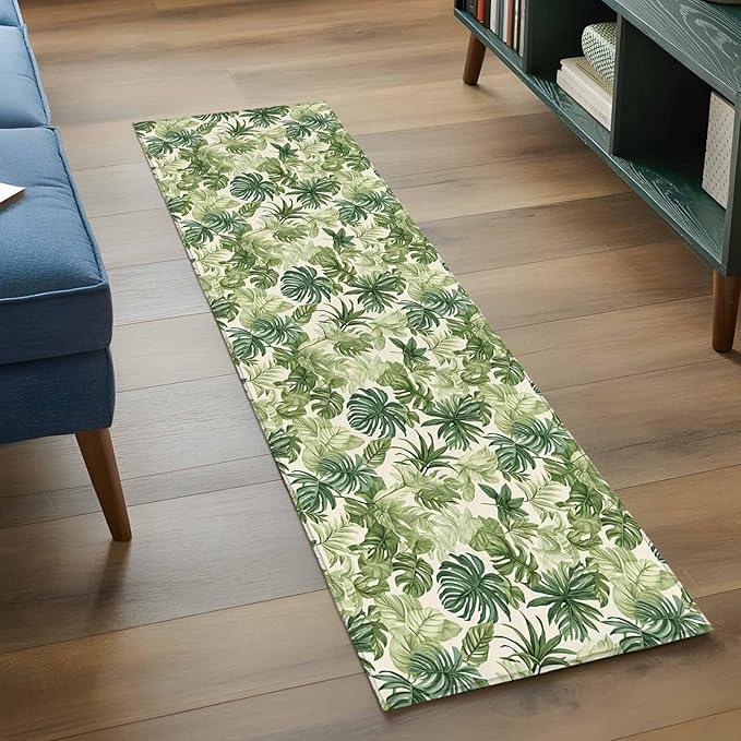 Runner Rug for Bedroom Hallway, Green Palm Leaf Watercolor Kitchen Runner Rugs Area Rug 2x6ft, Summer Tropical Leaves Washable Soft Floor Carpet for Entryway Stair