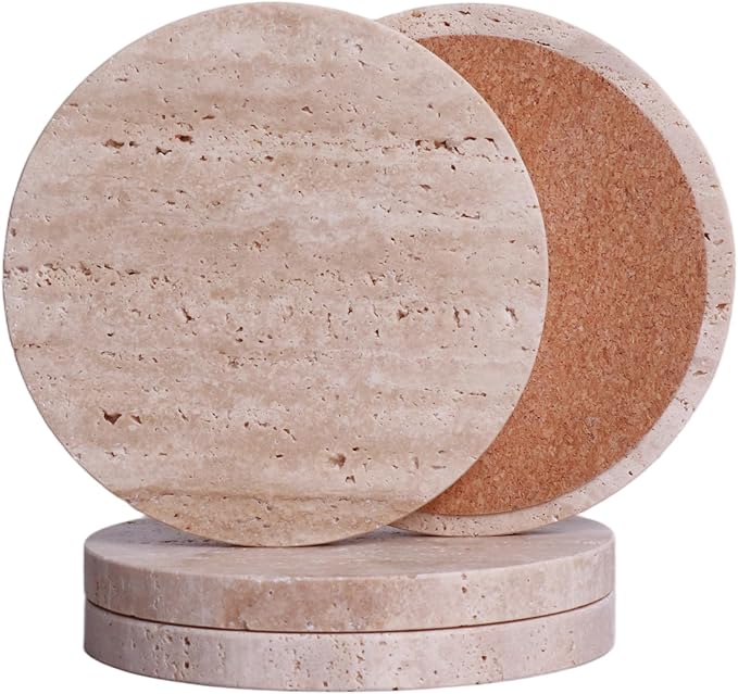 CASACOUTURE-Travertine-Stone-Coasters Set of 4-Round -4" Diameter Drink Coasters for Housewarming Gift, Desktop Protection Suitable for Various Cups - Sturdy and Durable Aesthetics