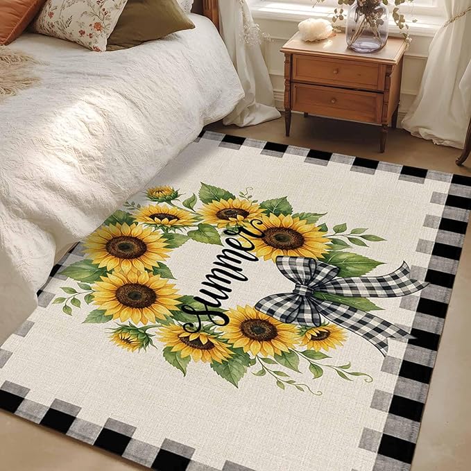 Area Rug 3x5ft, Summer Words Farm Sunflowers Washable Rugs for Living Room Bedroom, Butterflies Country Floral Soft Non-Slip Area Rugs Rectangle Floor Carpet for Dining Room