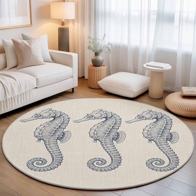 Washable Round Area Rug Marine Life Seahorse on Burlap Circle Rugs Floor Carpet for Living Room Bedroom, Farmhouse Ocean Theme Soft Non Slip Round Rug 3ft