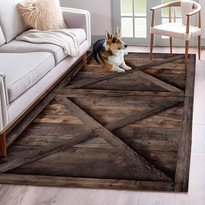 Area Rug 3x5ft, Vintage Farmhouse Barn Washable Rugs for Living Room Bedroom, Country Wooden Plank Soft Non-Slip Area Rugs Rectangle Floor Carpet for Dining Room
