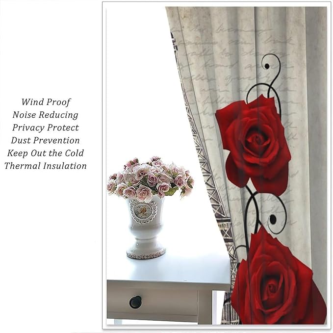 Eiffel Tower Blackout Curtain,Vintage France Paris Red Rose Floral Stamp Romantic Window Curtains for Bedroom Cafe Dining Room Office Living Room Kitchen Drapes,55x63 in