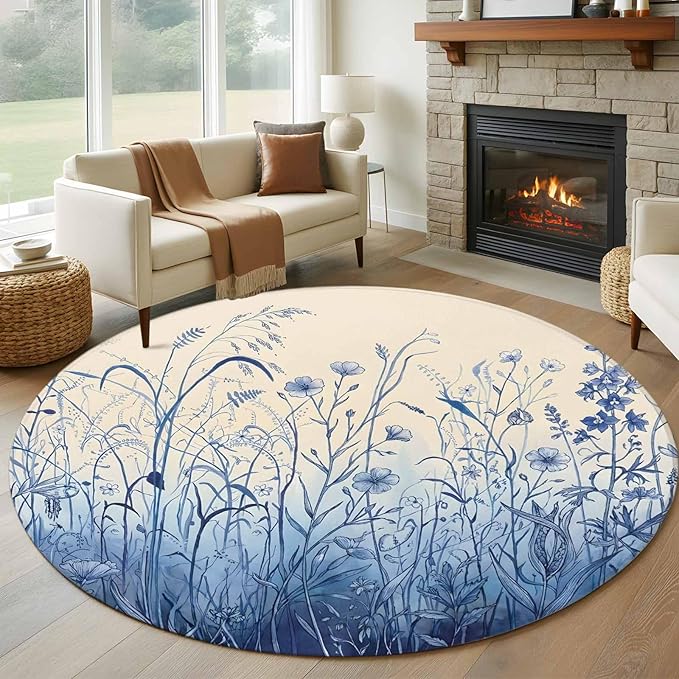 Washable Round Area Rug Vintage Boho Blue Wildflowers Meadow Circle Rugs Floor Carpet for Living Room Bedroom, Abstract Flower Soft Non Slip Round Rug 5ft