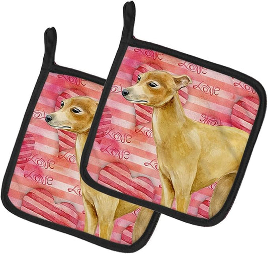 Caroline's Treasures BB9785PTHD Italian Greyhound Love Pair of Pot Holders, Red Kitchen Heat Resistant Pot Holders Sets Oven Hot Pads for Cooking Baking BBQ, 7 1/2 x 7 1/2