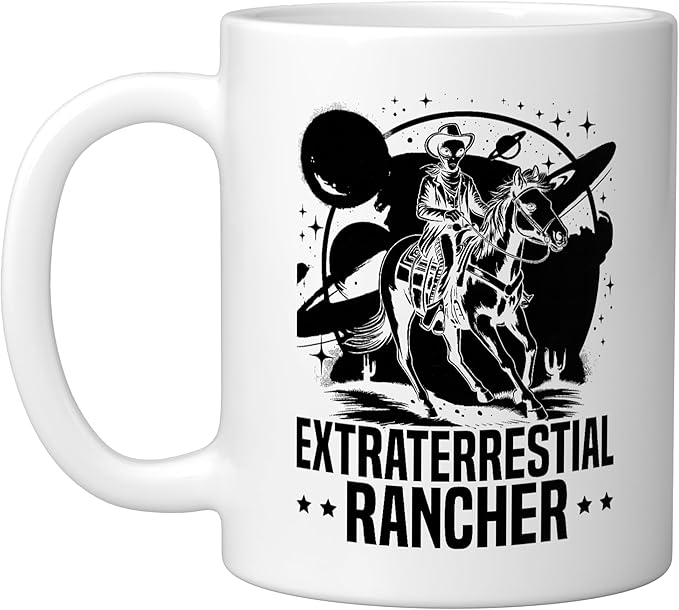 Alien Lover Flying Saucer UFO Extraterrestrial Cowboy Ceramic Mug, White