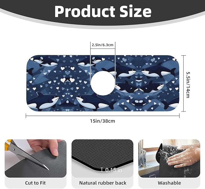 Blue Killer Whale Printed Faucet Absorbent mat, Suitable for bathrooms, Kitchens, and Other Sink Areas.