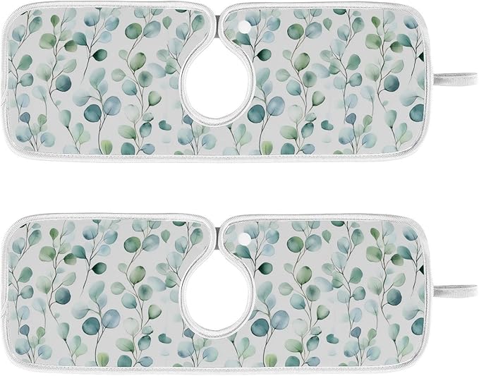 Kitchen Faucet Absorbent Mat,Flower Green Leaves Water Splash Guard for Sink, Faucet Drip Catcher Thicken Sponge Microfiber Faucet Water Catcher Mat Sink Absorbent Mat for Kitchen 30x5in 2 Pack