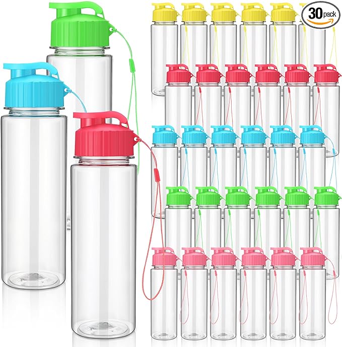 Maxcheck 30 Pieces Water Bottle Bulk 17 oz Plastic Sports Water Bottles Bulk with Handle Strap Lightweight Leakproof Drink Flip Top for Adults Fit Gym(Classic Style,Blue,Pink,Yellow,Rose Red,Green)