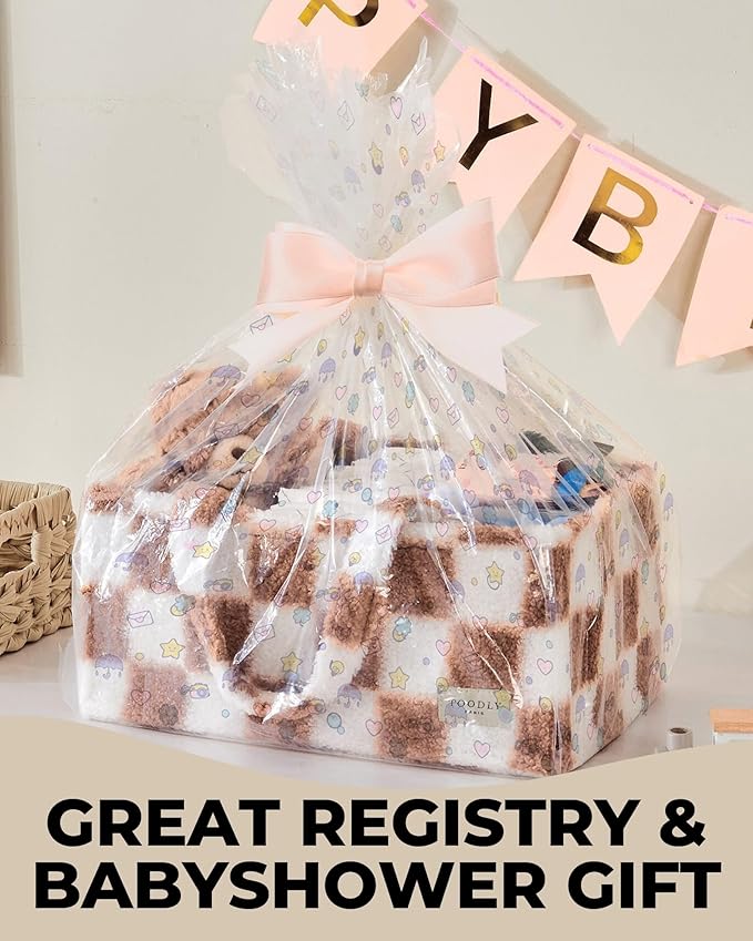 Checkered Diaper Caddy Organizer with Portable Changing Mat - Teddy Fleece Diaper Organizer for Changing Table - Caddy Organizer with Removable Dividers - Light Taupe and White