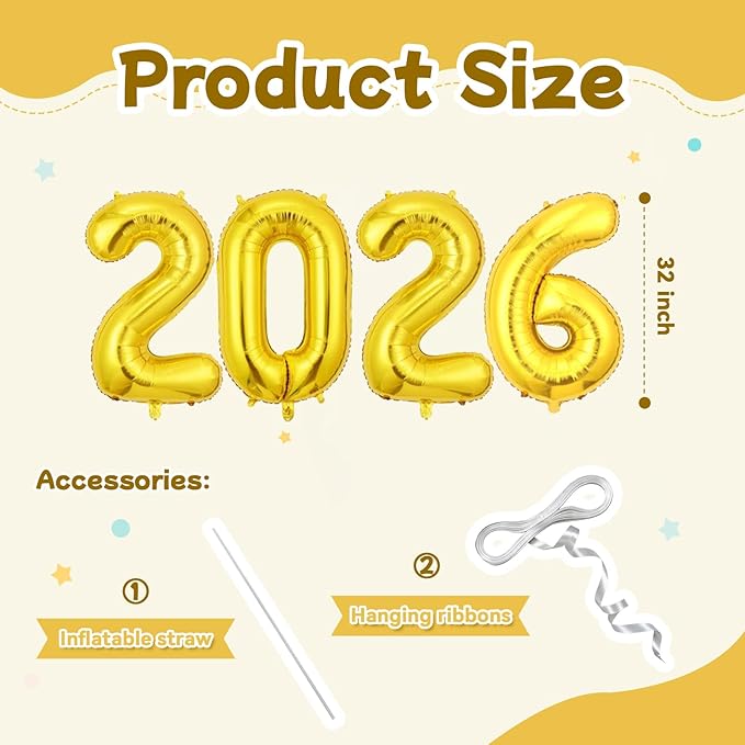 Gold 2026 Balloons, Large 32 Inch Foil 2026 Number Balloons, Grad Balloons for Class of 2026 Graduation Party, Gold Matellic Foil New Year Birthday Home Office Party Supplies