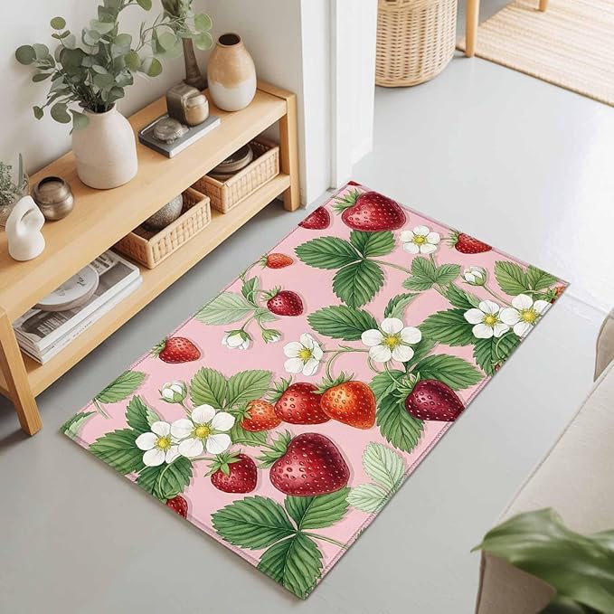 Area Rug 2x3ft, Summer Strawberry Bush on Pink Washable Rugs for Living Room Bedroom, Forest Green Foliage Soft Non-Slip Area Rugs Rectangle Floor Carpet for Dining Room