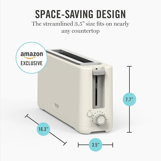 Martha Stewart 2 Slice Long Slot Toaster, Extra Wide for Sourdough & Bagels, 10 Setting Shade Control, Removable Crumb Tray, Self-Centering Design, Defrost/Reheat, Cancel, Slim Space-Saving, Linen