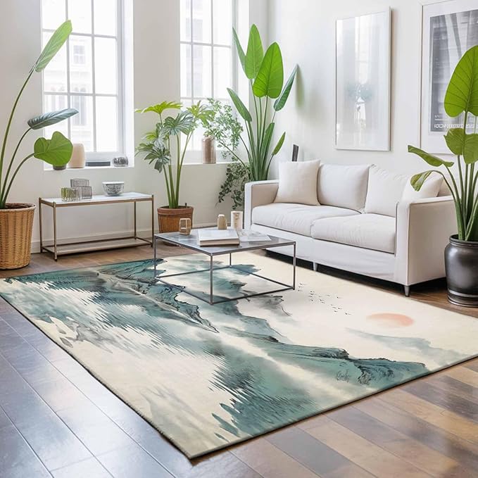 Area Rug 3x5ft, Chinese Zen Landscape Ombre Washable Rugs for Living Room Bedroom, Abstract Mountain Lake Soft Non-Slip Area Rugs Rectangle Floor Carpet for Dining Room