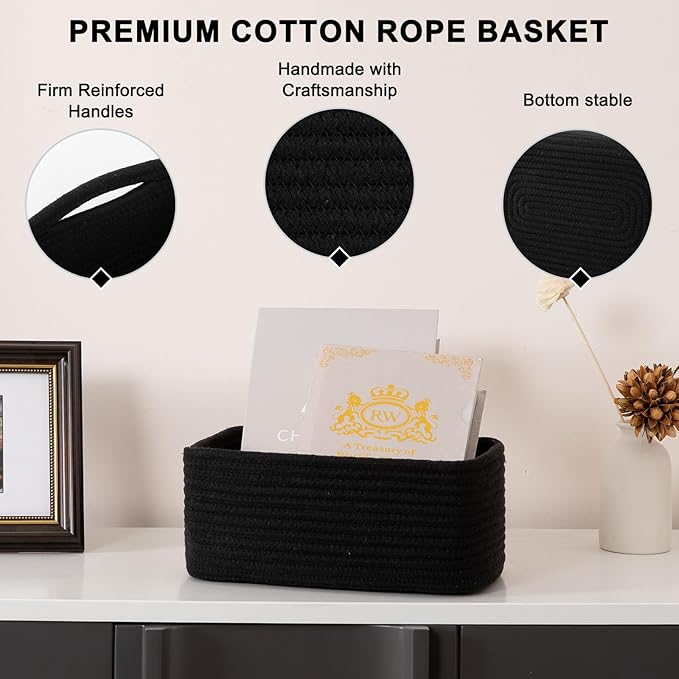 OIASKET 4 Pack Small Storage Shelf Baskets for Organizing, Mini Woven Rope Storage Bins for Towels, Cute Decorative Closet Organizer，Baby Nursery, Gift Empty Baskets -11.81''Lx7.87''Wx4.72''H-Black
