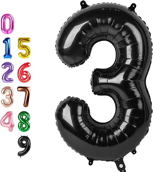 40 Inch Number 3 Balloon, Three Black Happy Birthday Balloons for Girls Boys Babies, Number Balloons for 3 13 23 30 Wedding Bridal Shower Anniversaries Party