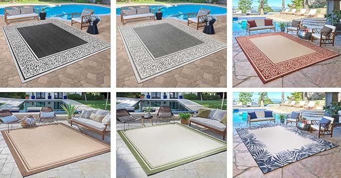 Gertmenian Indoor/Outdoor Flatweave Area Rug - 8x10 Large, Stain & UV Resistant, Ideal For Deck, Patio, Poolside, Mudroom - Simple Border, Black, 21359
