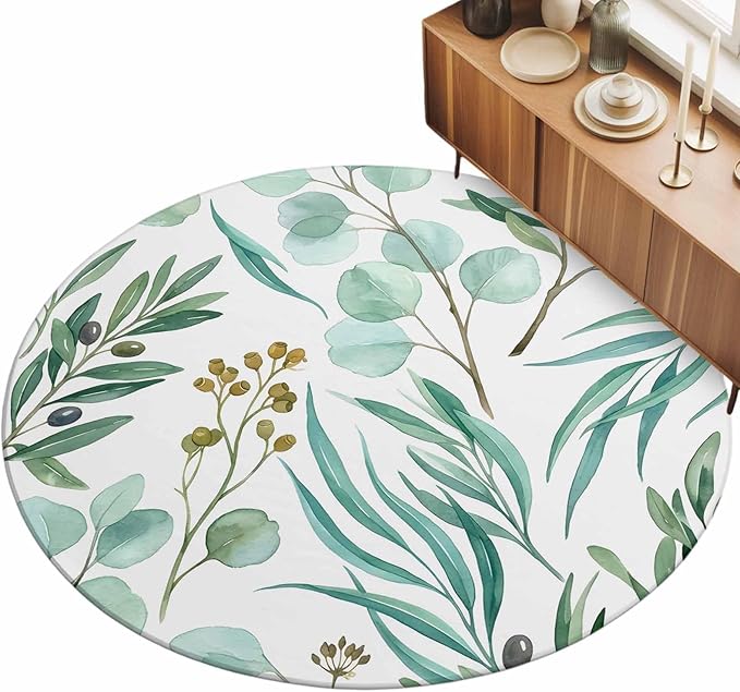 Washable Round Area Rug Watercolor Eucalyptus Leaves Circle Rugs Floor Carpet for Living Room Bedroom, Spring Green Foliage Branch Soft Non Slip Round Rug 5ft