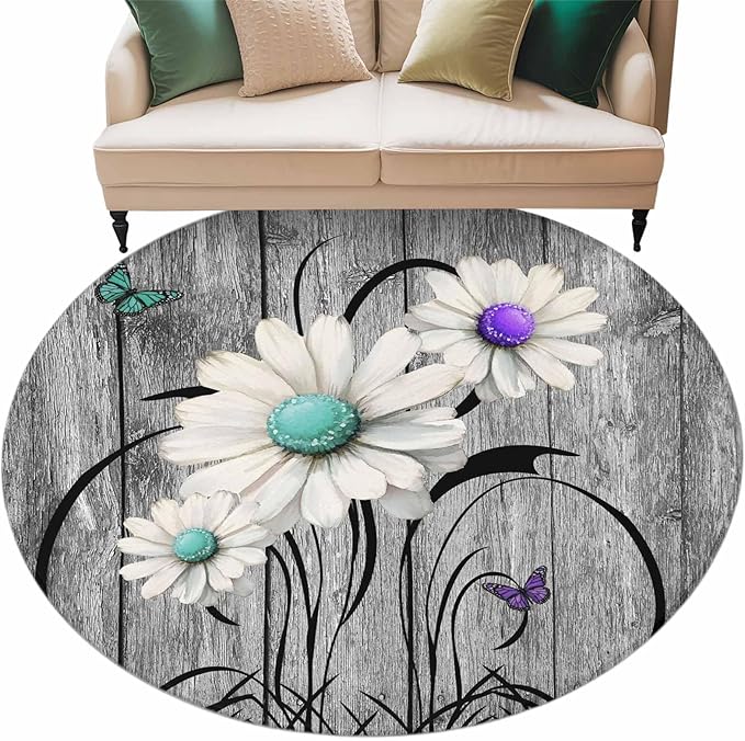 Washable Round Area Rug Farm Daisy Shabby Wood Grain Circle Rugs Floor Carpet for Living Room Bedroom, Vintage Flower Plant Butterfly Soft Non Slip Round Rug 5ft