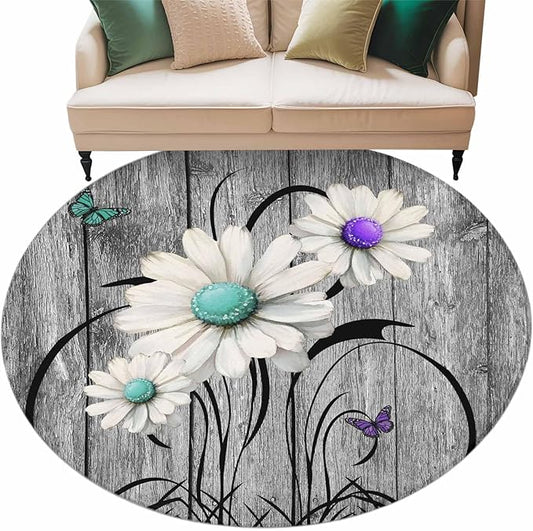 Washable Round Area Rug Farm Daisy Shabby Wood Grain Circle Rugs Floor Carpet for Living Room Bedroom, Vintage Flower Plant Butterfly Soft Non Slip Round Rug 5ft
