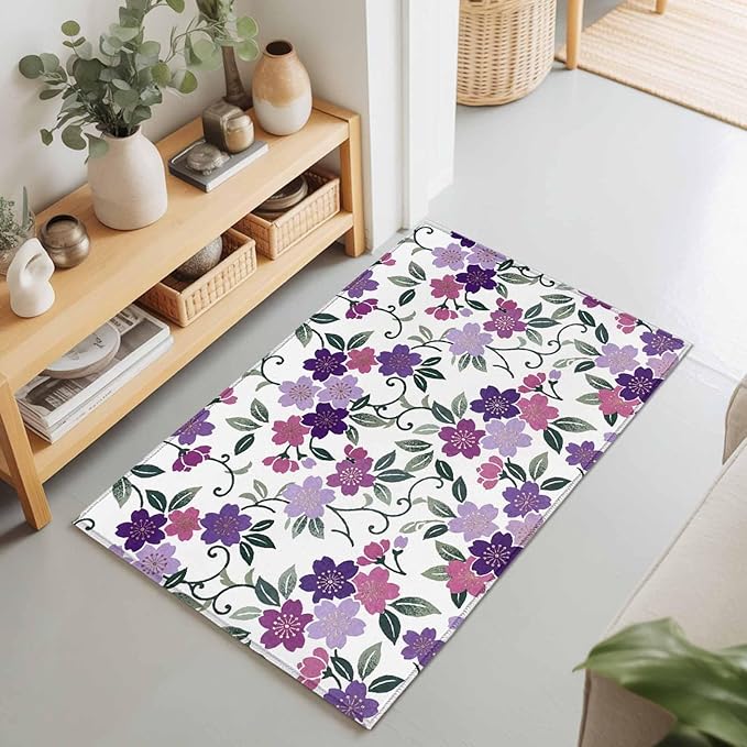 Area Rug 2x3ft, Country Purple Pink Flower Green Leaf Washable Rugs for Living Room Bedroom, Pastoral Floral Plant Soft Non-Slip Area Rugs Rectangle Floor Carpet for Dining Room