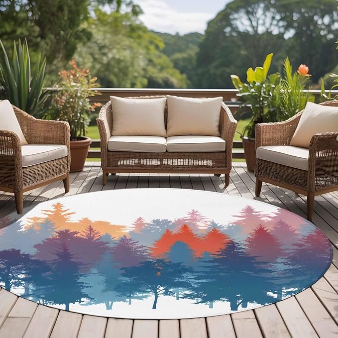 Washable Round Area Rug Abstract Trees Forest Silhouette Circle Rugs Floor Carpet for Living Room Bedroom, Natural Scene Plants Soft Non Slip Round Rug 5ft