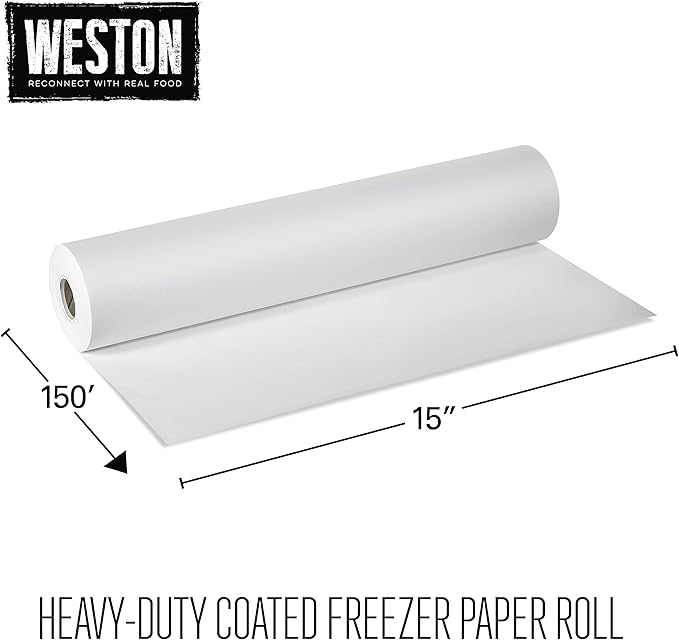 Weston Heavy-Duty Freezer Paper Roll with Cutter Box, 15"x150', Single-Sided Plastic Coating Prevents Sticking, For Meat, Fish, Vegetables (83-4000-W)