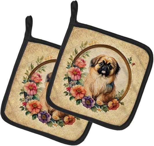 Caroline's Treasures Pekingese and Flowers Pair of Pot Holders Kitchen Heat Resistant Pot Holders Sets Oven Hot Pads for Cooking Baking BBQ, 7 1/2 x 7 1/2