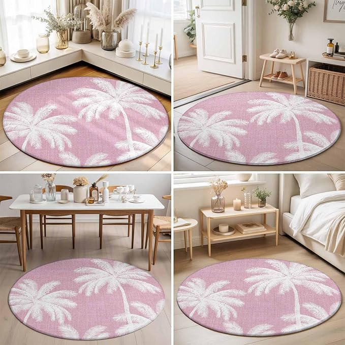 Washable Round Area Rug Boho Pink Palm Trees Vintage Circle Rugs Floor Carpet for Living Room Bedroom, Summer Tropical Leaves Soft Non Slip Round Rug 3ft