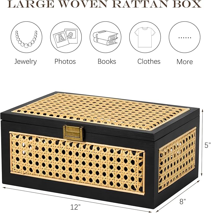 Rattan Storage Boxes Decorative Handmade Natural Wood Baskets with Lid Wooden Frame Boho Rustic Wicker Box Stacking Woven Cane Bins Shelf Closet Desk Organizer Container (Black, Large)