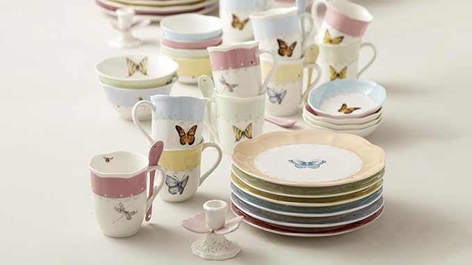 Lenox Dessert Plate Set, Lenox Butterfly Meadow Collection 4-Piece Dessert Porcelain Plates Set, Service For 4, Dishwasher & Microwavable Plate, Small Plates, 8 x 8-Inch, Spring Dishes (4 Piece)