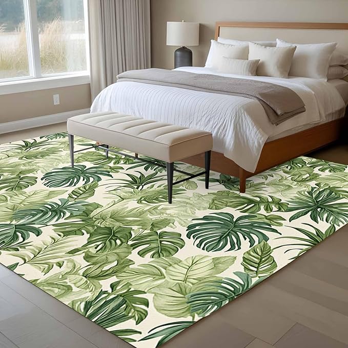 Area Rug 6x9ft, Green Palm Leaf Watercolor Washable Rugs for Living Room Bedroom, Summer Tropical Leaves Soft Non-Slip Area Rugs Rectangle Floor Carpet for Dining Room