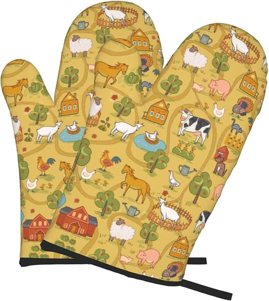 Farm Animals Design Oven Mitts of 2-Pack Set, Funny Kitchen Gloves Heat Resistant Non-Slip Kitchen Mitts Safe Cooking Baking Grilling