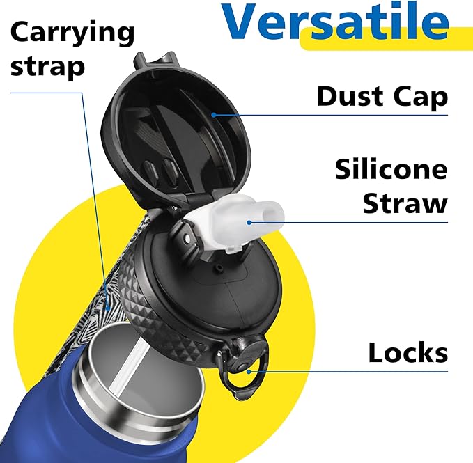Han's Bottle Sports Water Bottle - 24 Oz, Straw Lid, Leak Proof, Vacuum Insulated Stainless Steel, Double Walled, Thermo Mug,Navy Blue